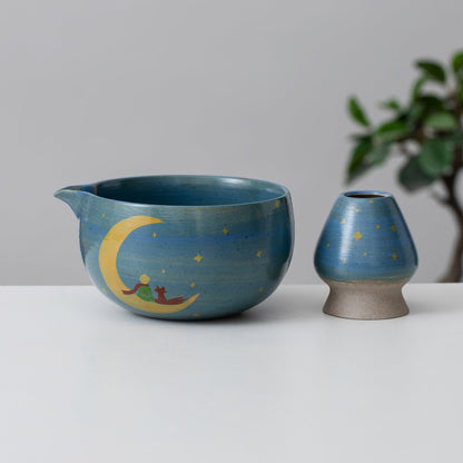 Hand Painted Moon Boy Matcha Bowl with Bamboo Whisk and Chasen Holder Personalized Matcha Gift Set