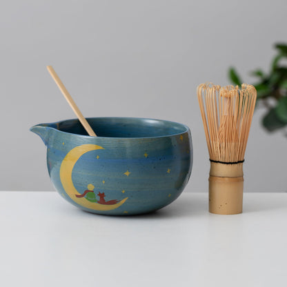 Hand Painted Moon Boy Matcha Bowl with Bamboo Whisk and Chasen Holder Personalized Matcha Gift Set