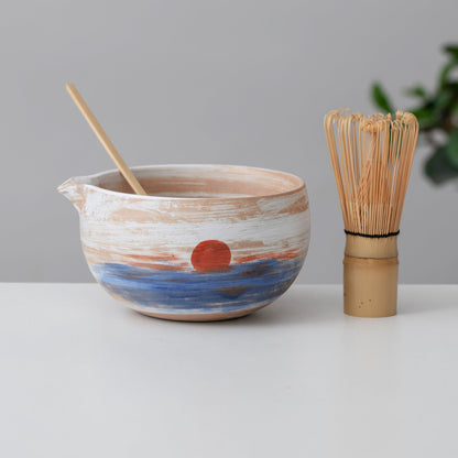 Hand Painted Sunrise at Sea Matcha Kit with Bamboo Whisk and Chasen Holder Japanese Matcha Tea Set Gift Set