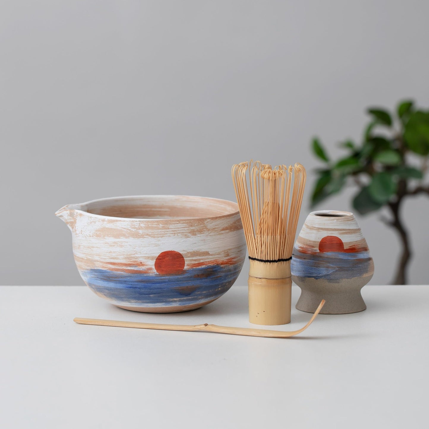 Hand Painted Sunrise at Sea Matcha Kit with Bamboo Whisk and Chasen Holder Japanese Matcha Tea Set Gift Set