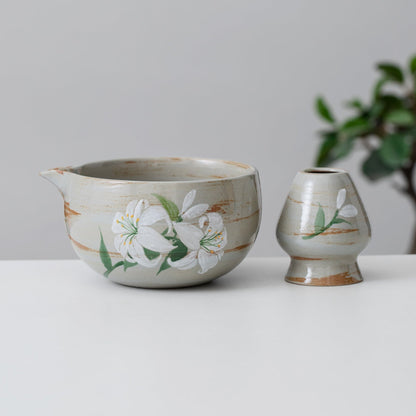 Hand Painted White Lily Matcha Kit of 4 Ceramic Chawan Matcha Gift Set Gift for Her