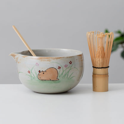 Hand painted Cute Capybara Matcha Gift Set Matcha Bowl with Bamboo Whisk and Chasen Holder Tea Ceremony Set