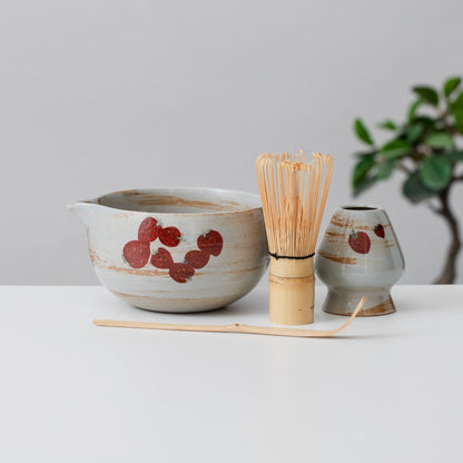 Hand Painted Cute Strawberry Matcha Set Bowl Set of 4 with Chasen Holder, Bamboo Whisk and Scoop Matcha Gift Set