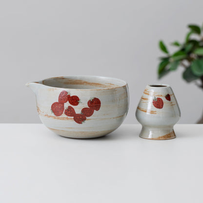 Hand Painted Cute Strawberry Matcha Set Bowl Set of 4 with Chasen Holder, Bamboo Whisk and Scoop Matcha Gift Set