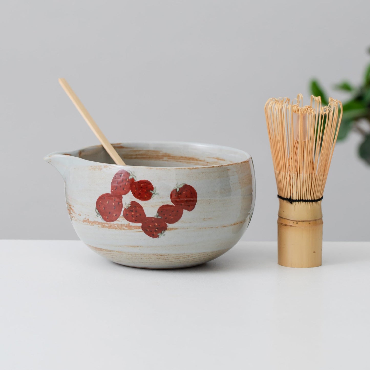 Hand Painted Cute Strawberry Matcha Set Bowl Set of 4 with Chasen Holder, Bamboo Whisk and Scoop Matcha Gift Set