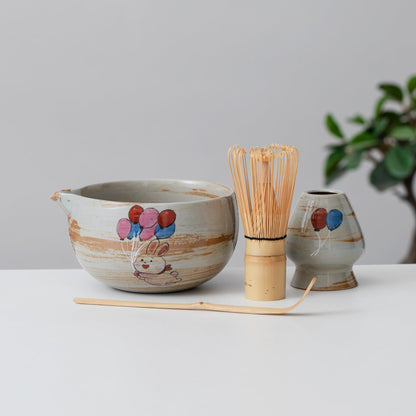 Hand Painted Balloon Rabbit Matcha Bowl Set with Spout Matcha Kit Tea Set Gift Ideas