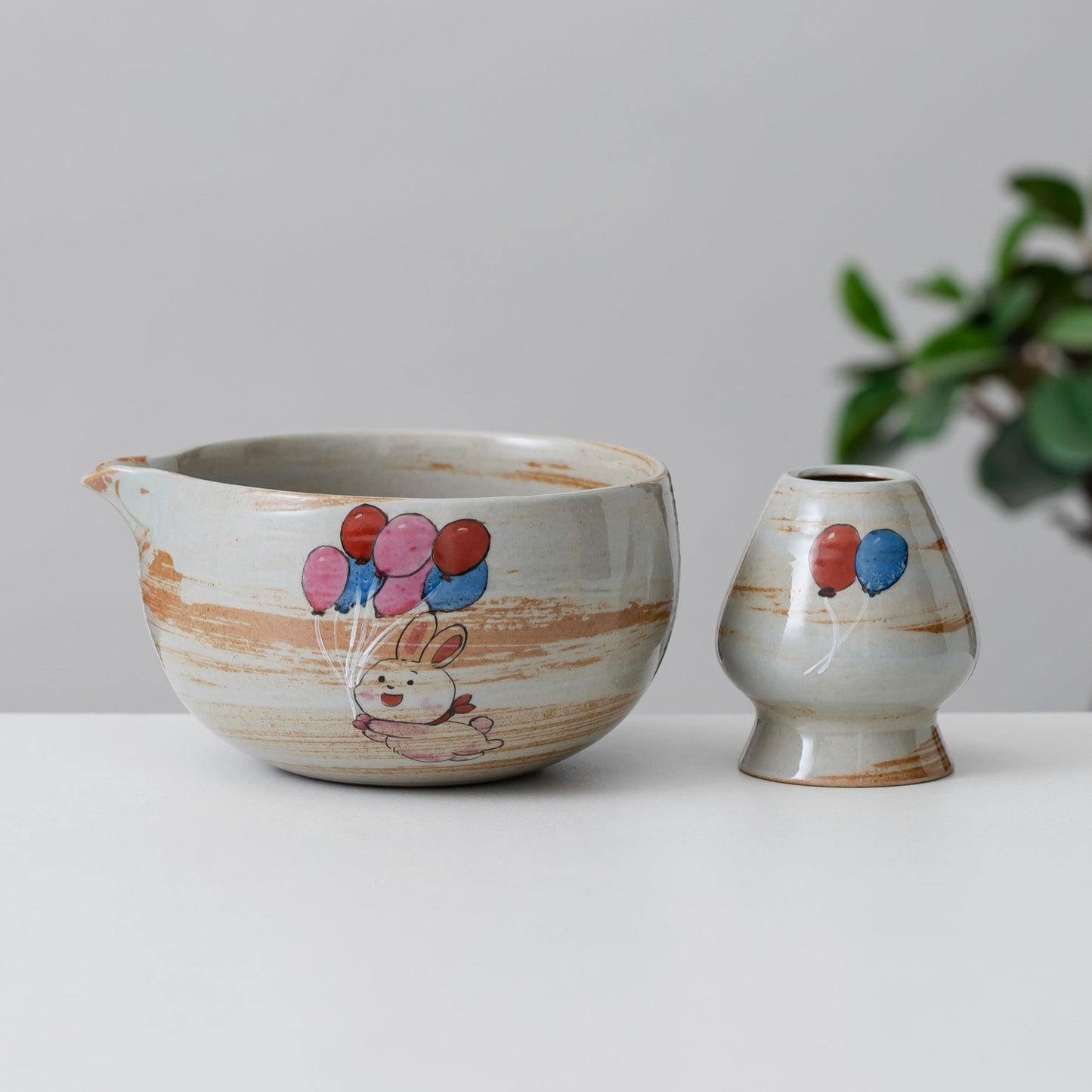 Hand Painted Balloon Rabbit Matcha Bowl Set with Spout Matcha Kit Tea Set Gift Ideas