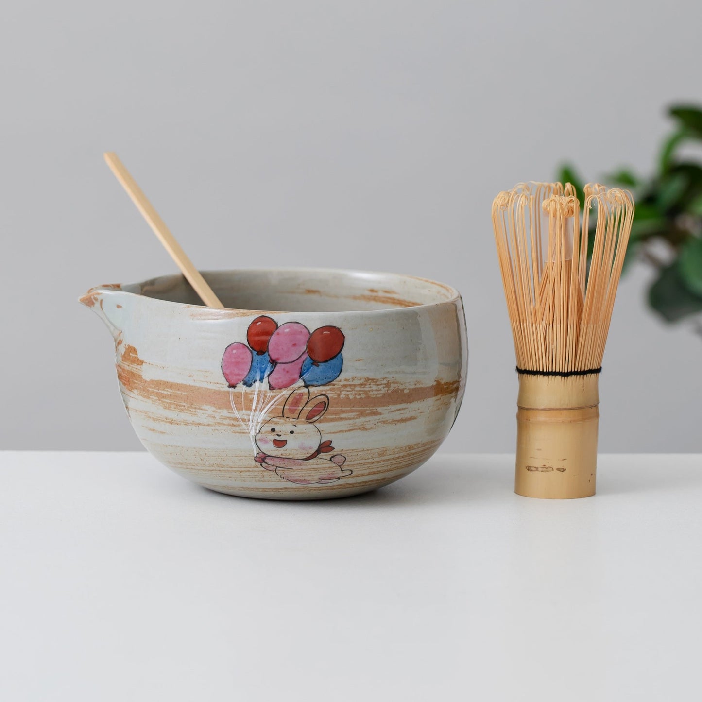 Hand Painted Balloon Rabbit Matcha Bowl Set with Spout Matcha Kit Tea Set Gift Ideas