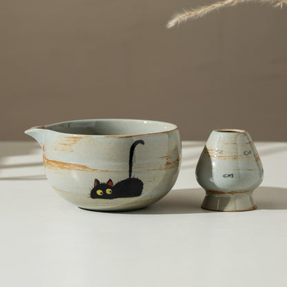 Hand Painted Cute Black Cat Matcha Bowl Set of 4 with Fish Chasen Holder Matcha Kit Gift Set