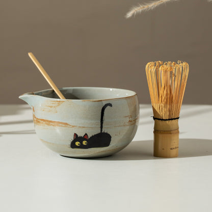 Hand Painted Cute Black Cat Matcha Bowl Set of 4 with Fish Chasen Holder Matcha Kit Gift Set