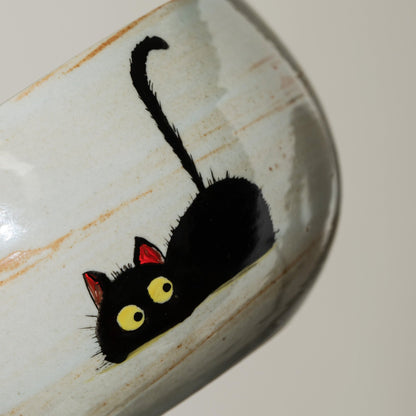 Hand Painted Cute Black Cat Matcha Bowl Set of 4 with Fish Chasen Holder Matcha Kit Gift Set