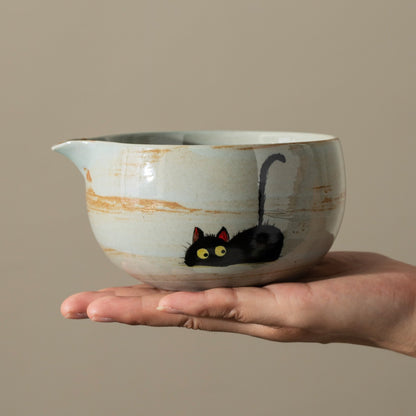 Hand Painted Cute Black Cat Matcha Bowl Set of 4 with Fish Chasen Holder Matcha Kit Gift Set