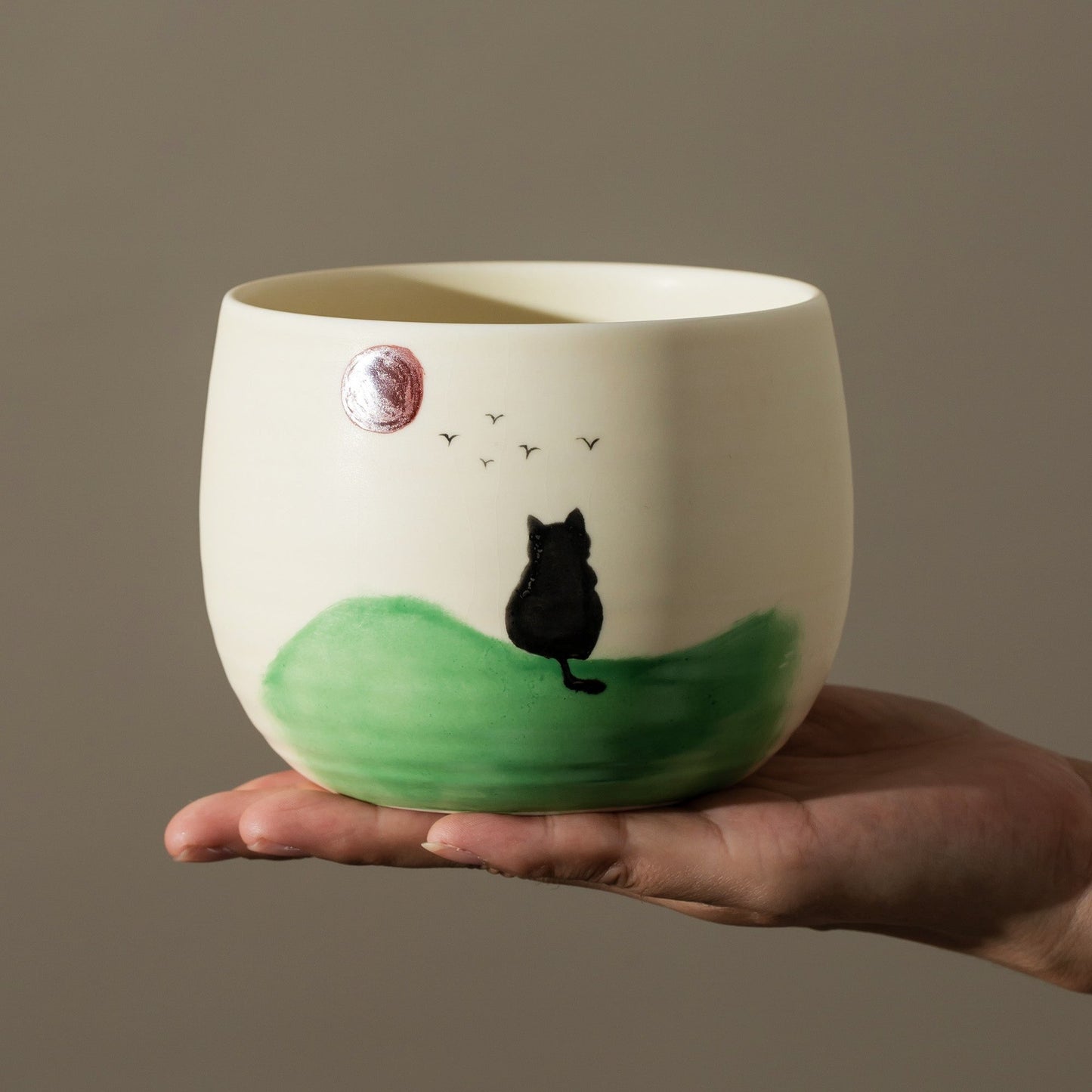 Hand Painted Black Cat with Sunrise Matcha Bowl Set of 4 Matcha Gift Set, Gift Ideas