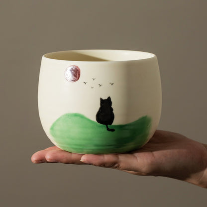 Hand Painted Black Cat with Sunrise Matcha Bowl Set of 4 Matcha Gift Set, Gift Ideas