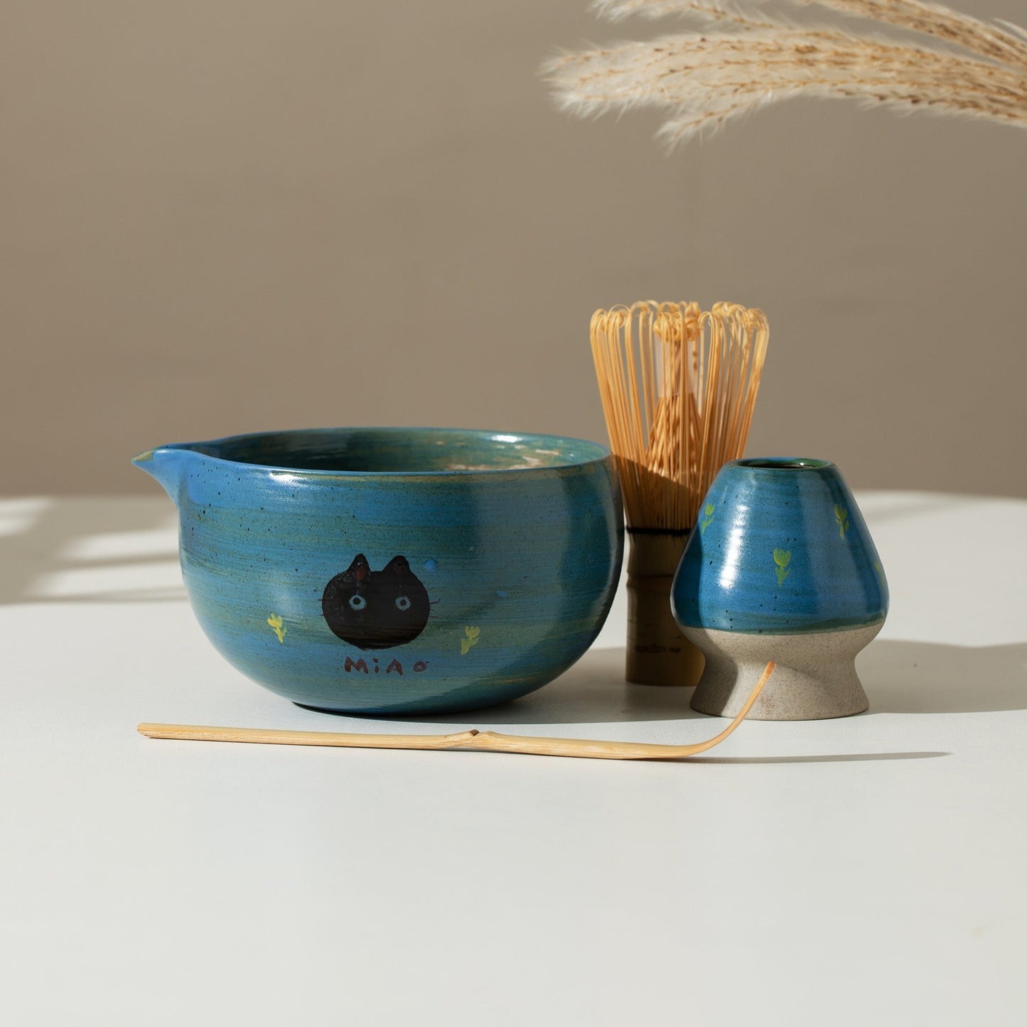 Hand Painted Cute Cat Blue Matcha bowl Set of 4 Gift Set Matcha Kit Gift Ideas