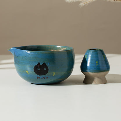 Hand Painted Cute Cat Blue Matcha bowl Set of 4 Gift Set Matcha Kit Gift Ideas