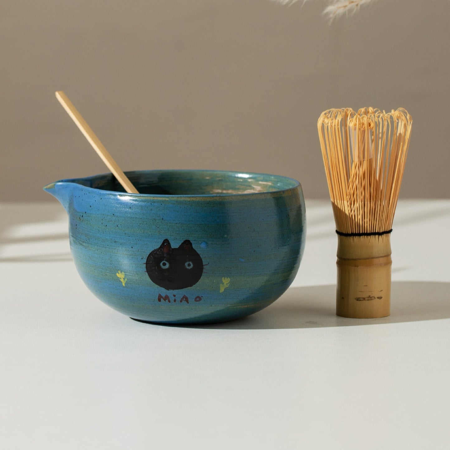 Hand Painted Cute Cat Blue Matcha bowl Set of 4 Gift Set Matcha Kit Gift Ideas