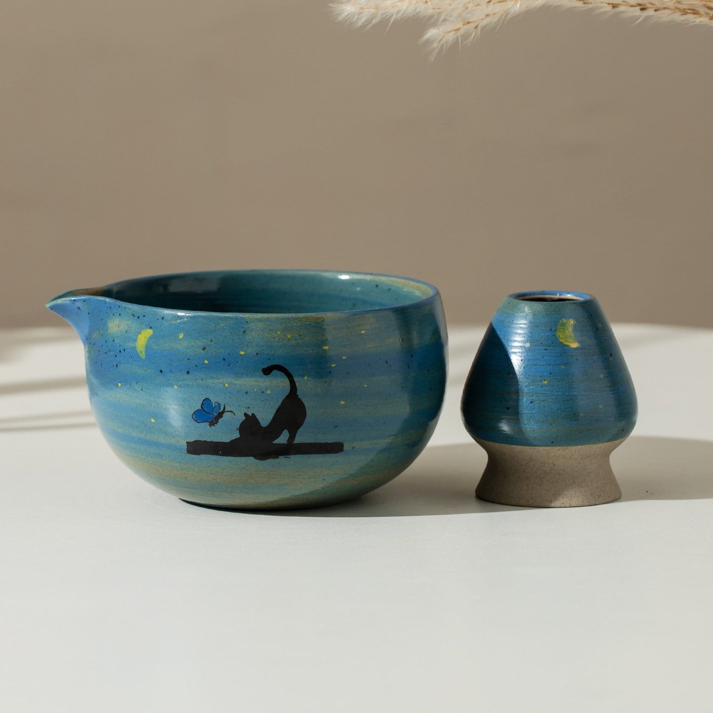 Hand Painted Black Cat Moon Matcha Bowl Set of 4 Matcha Ceremony Set Gift Set