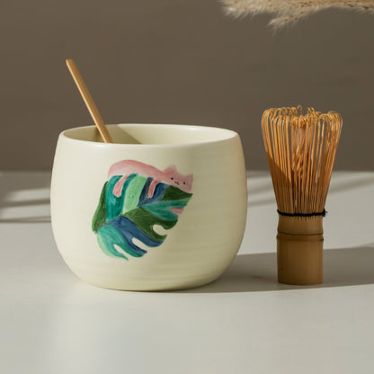 Hand Painted Palm Leaf with Cat Matcha Set of 4 Matcha Bowl 600ml with Chasen Holder Matcha Gift Set