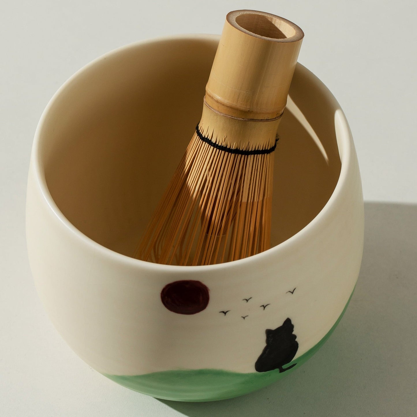 Hand Painted Black Cat with Sunrise Matcha Bowl Set of 4 Matcha Gift Set, Gift Ideas