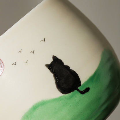 Hand Painted Black Cat with Sunrise Matcha Bowl Set of 4 Matcha Gift Set, Gift Ideas