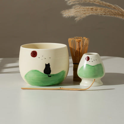 Hand Painted Black Cat with Sunrise Matcha Bowl Set of 4 Matcha Gift Set, Gift Ideas