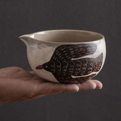 Hand Carved Chough Lucky Birds Matcha Bowl with Spout Handmade Matcha Set of 4 Personalized Gifts