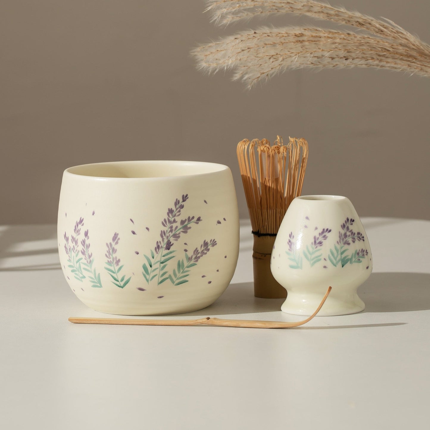 Hand Painted Lavender Blossom Matcha Bowl Set with Bamboo Whisk, Scoop and Holder for Tea Enthusiasts Gift Set