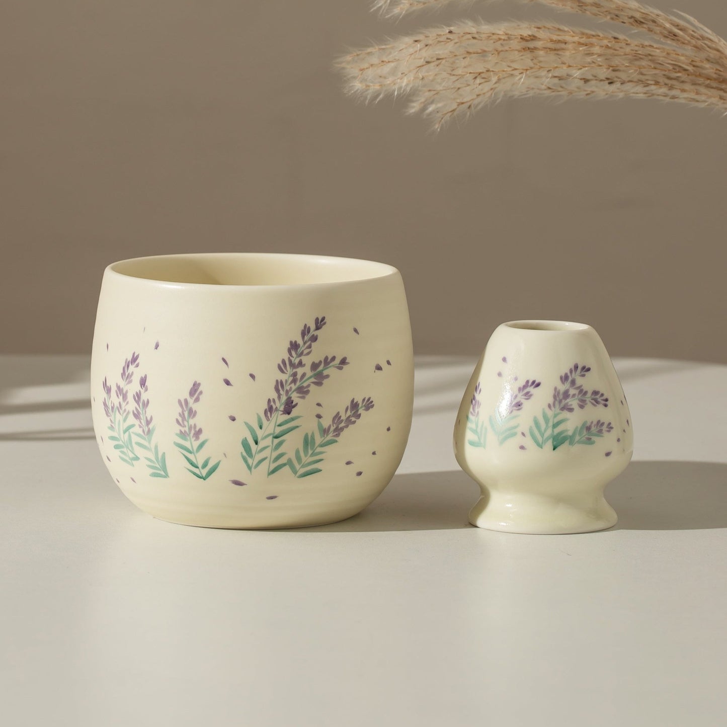 Hand Painted Lavender Blossom Matcha Bowl Set with Bamboo Whisk, Scoop and Holder for Tea Enthusiasts Gift Set