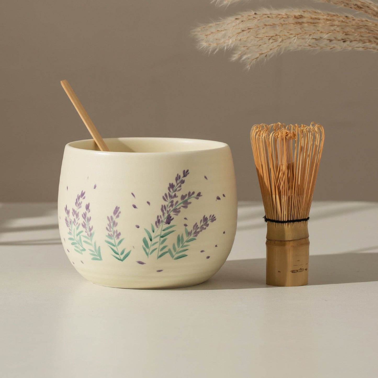 Hand Painted Lavender Blossom Matcha Bowl Set with Bamboo Whisk, Scoop and Holder for Tea Enthusiasts Gift Set