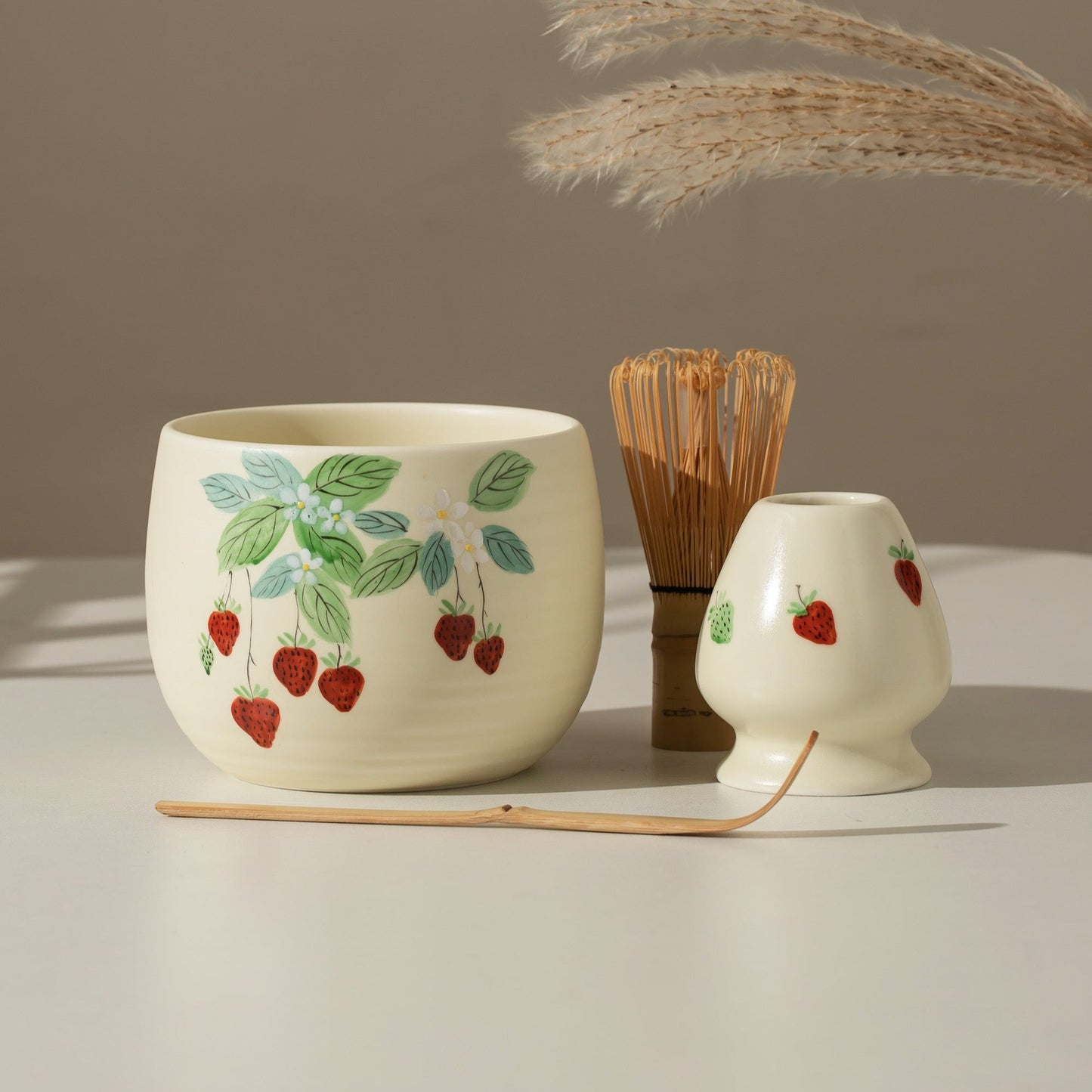 Hand Painted Strawberry Matcha Set Matcha Bowl with Spout, Bamboo Whisk and Chasen Holder Matcha Gift Set