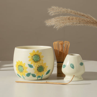 Hand Painted Sunflower Matcha Bowl Set with Bamboo Whisk and Chasen Holder – Ideal Gift Set