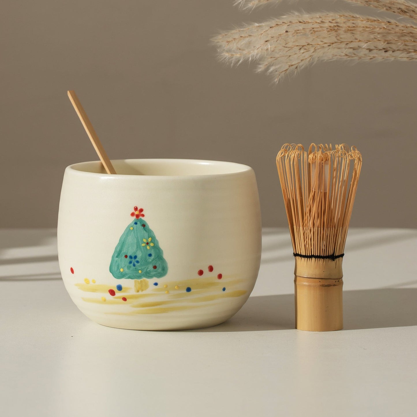 Hand Painted Christmas Tree fir Matcha Kit Bowl with Chasen Holder Set Bamboo Whisk & scoop, Christmas Gift Ideas