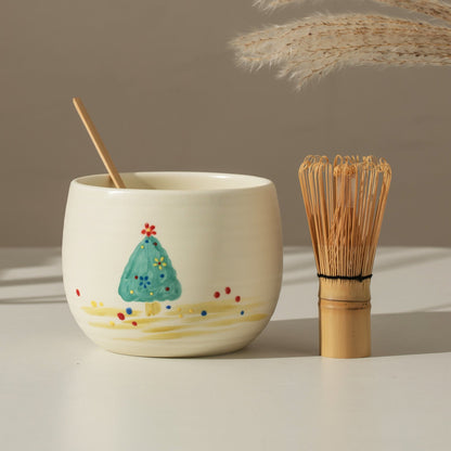 Hand Painted Christmas Tree fir Matcha Kit Bowl with Chasen Holder Set Bamboo Whisk & scoop, Christmas Gift Ideas