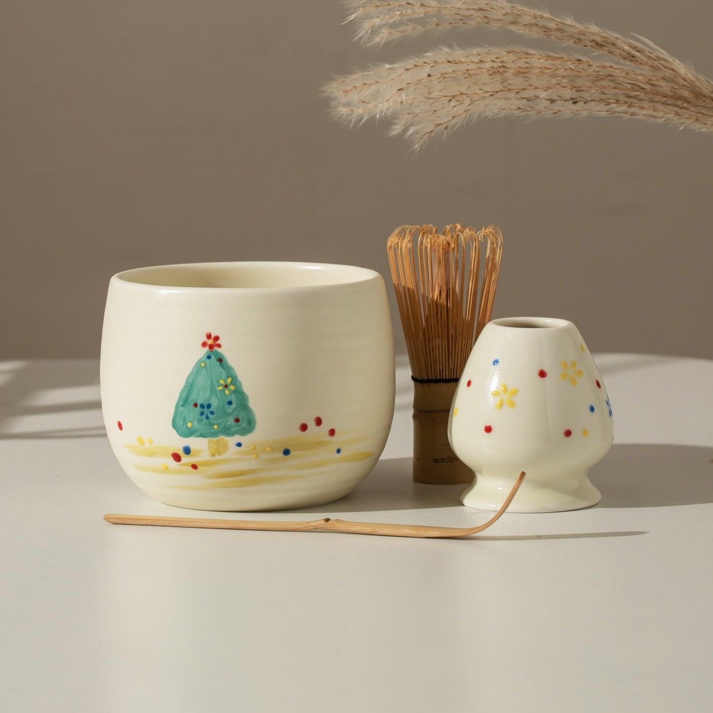 Hand Painted Christmas Tree fir Matcha Kit Bowl with Chasen Holder Set Bamboo Whisk & scoop, Christmas Gift Ideas