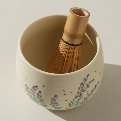 Hand Painted Lavender Blossom Matcha Bowl Set with Bamboo Whisk, Scoop and Holder for Tea Enthusiasts Gift Set