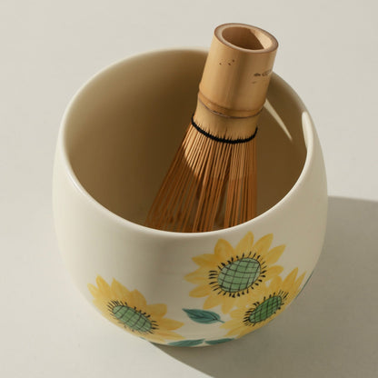 Hand Painted Sunflower Matcha Bowl Set with Bamboo Whisk and Chasen Holder – Ideal Gift Set