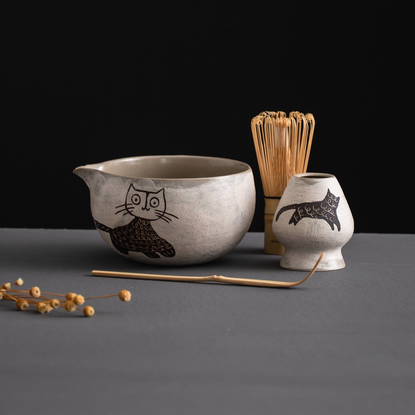 Hand Carved Cat Matcha Bowl Set with Spout Matcha Gift Set Personalized Gifts