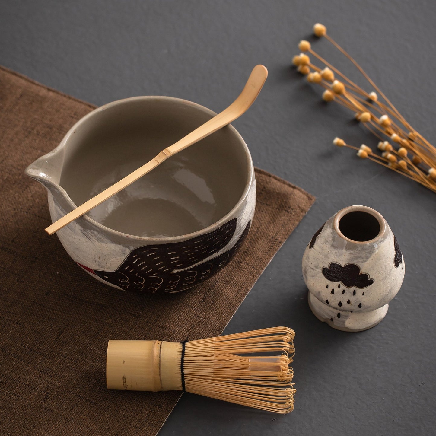 Hand Carved Chough Lucky Birds Matcha Bowl with Spout Handmade Matcha Set of 4 Personalized Gifts