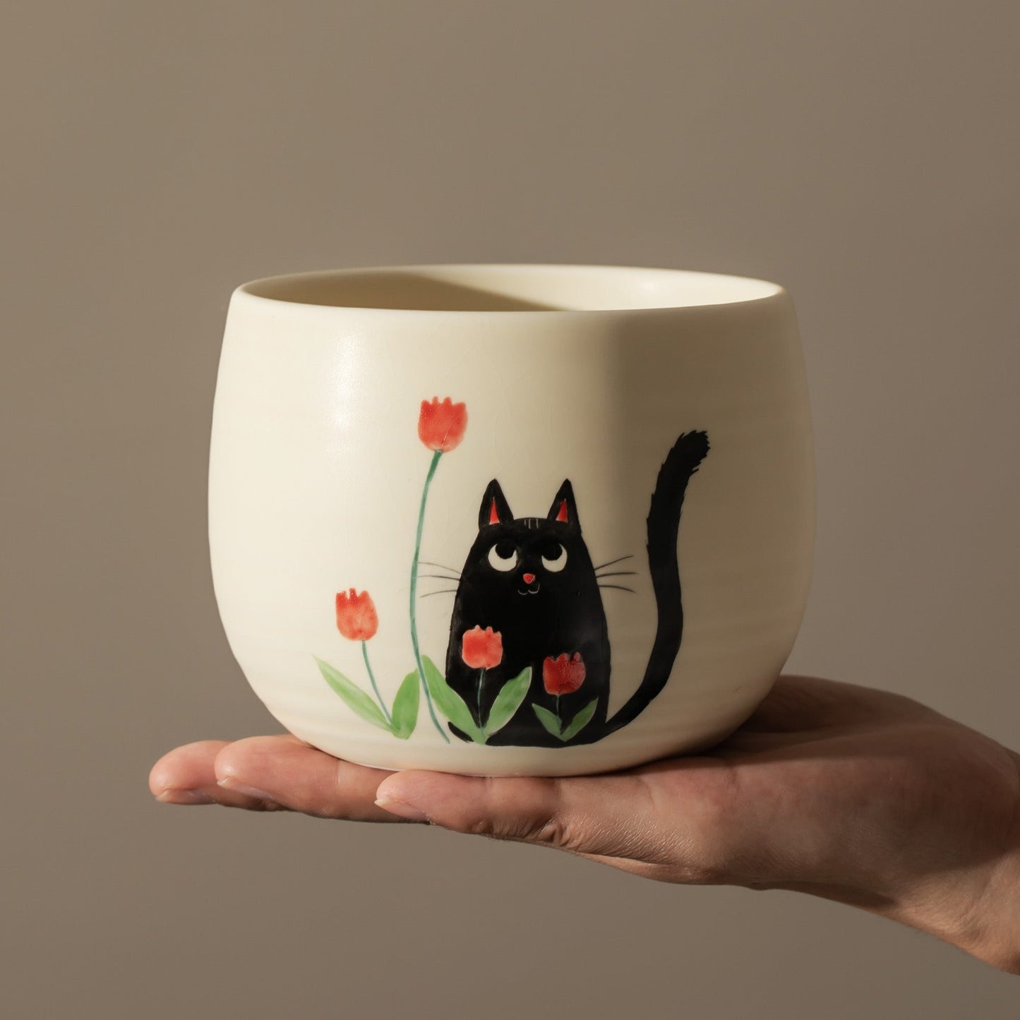 Hand Painted Black Cat and Tulip Matcha Bowl Set of 4 Ceramic Bowl with Chasen Holder and Bamboo Whisk for Matcha Lovers