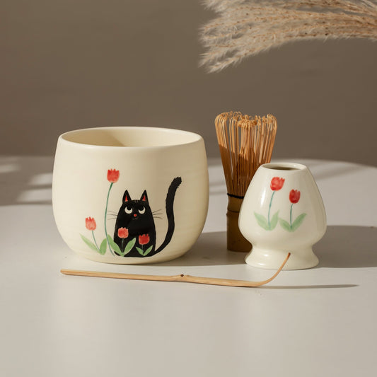 Hand Painted Black Cat and Tulip Matcha Bowl Set of 4 Ceramic Bowl with Chasen Holder and Bamboo Whisk for Matcha Lovers