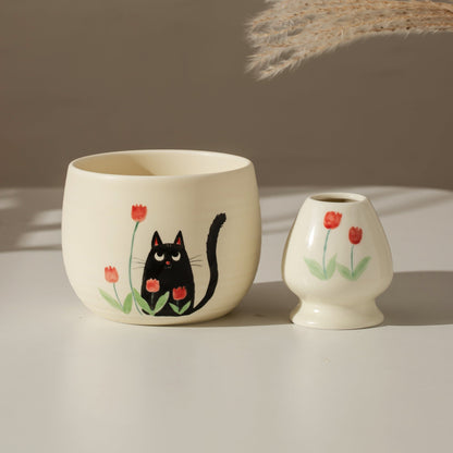 Hand Painted Black Cat and Tulip Matcha Bowl Set of 4 Ceramic Bowl with Chasen Holder and Bamboo Whisk for Matcha Lovers