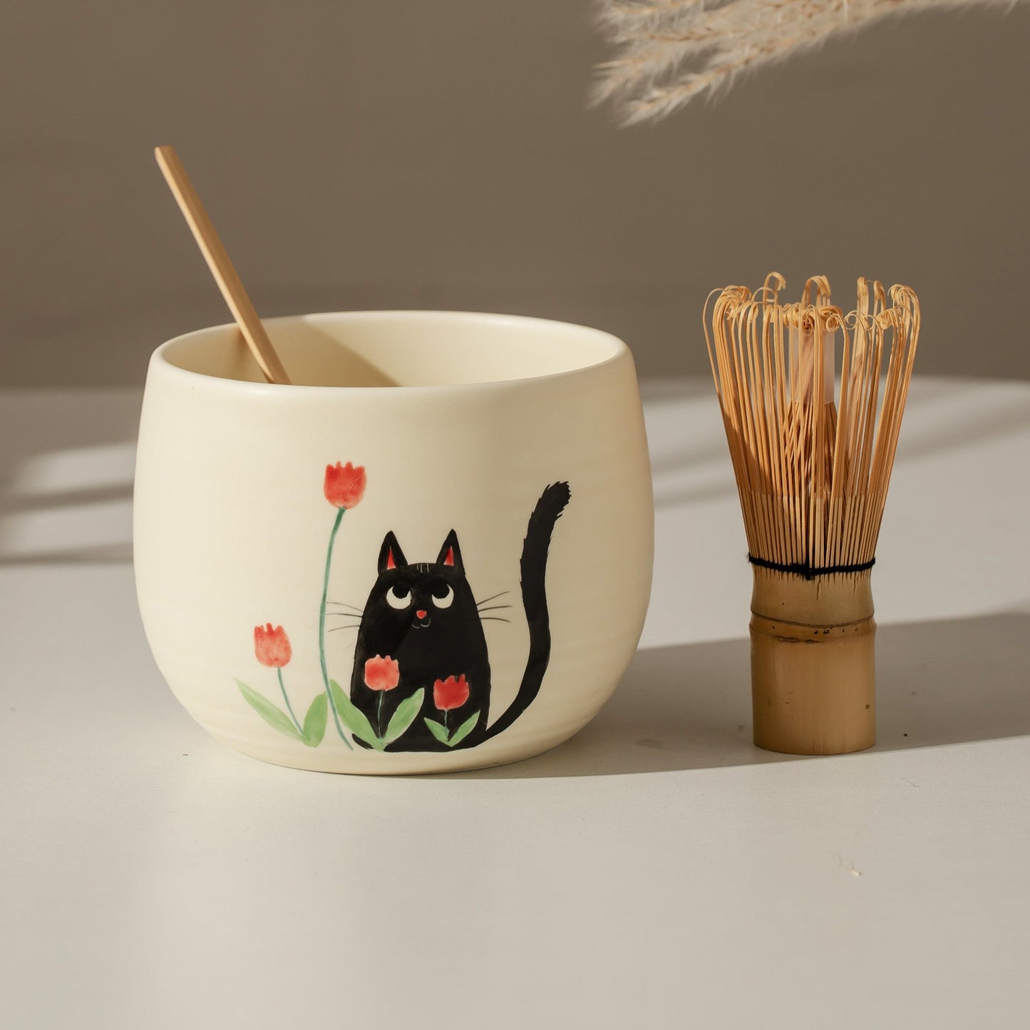 Hand Painted Black Cat and Tulip Matcha Bowl Set of 4 Ceramic Bowl with Chasen Holder and Bamboo Whisk for Matcha Lovers