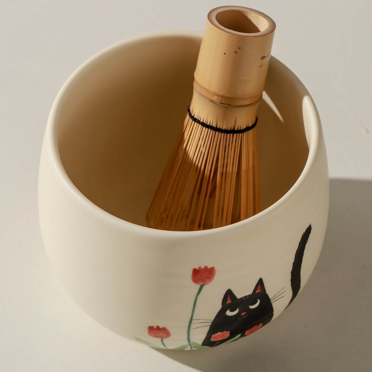 Hand Painted Black Cat and Tulip Matcha Bowl Set of 4 Ceramic Bowl with Chasen Holder and Bamboo Whisk for Matcha Lovers