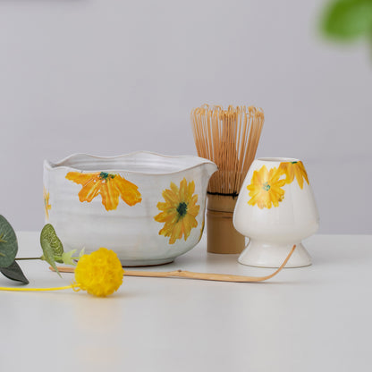 Handmade Yellow Daisy White Matcha Bowl Set of 4, Matcha Gift Set, Matcha Tea Ceremony Set