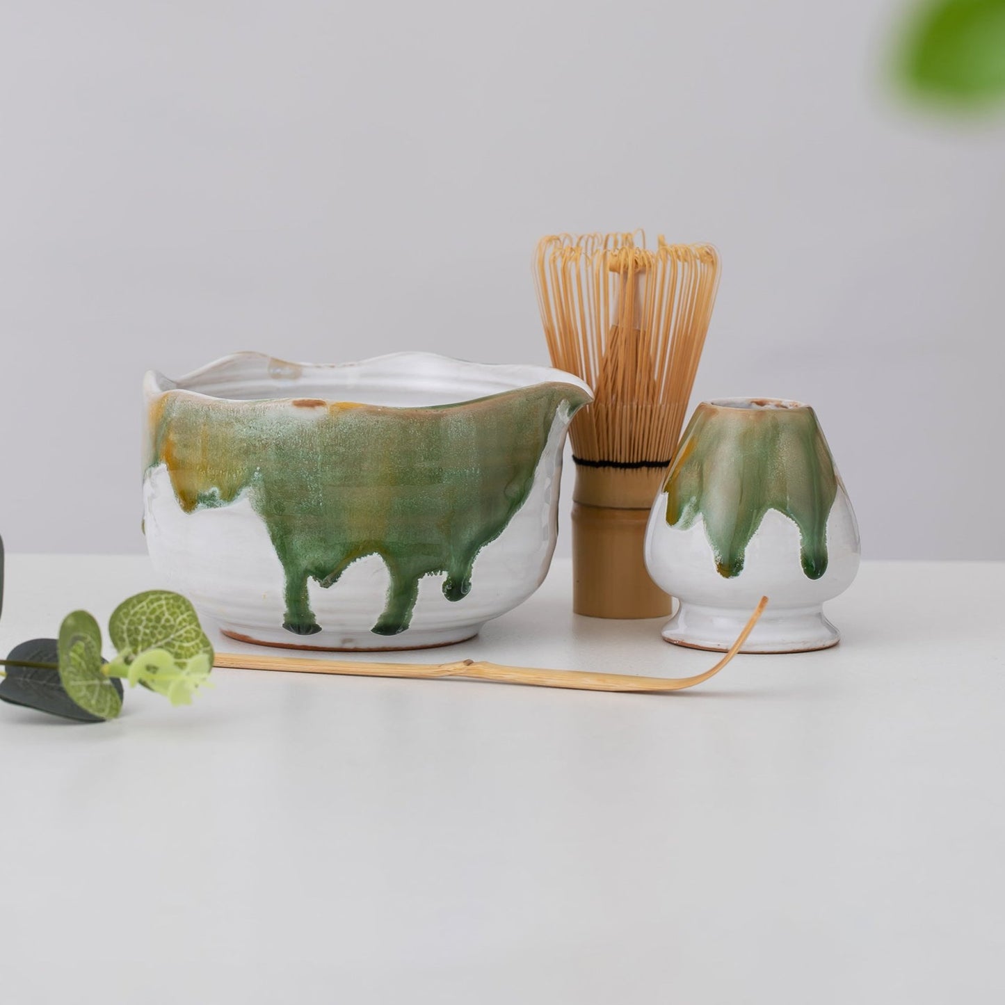 Handmade White Matcha Bowl with Green Abstract Flow Glazing, Matcha Tea Set of 4, Matcha Tea Ceremony