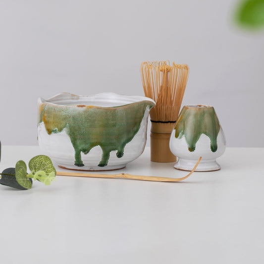 Handmade White Matcha Bowl with Green Abstract Flow Glazing, Matcha Tea Set of 4, Matcha Tea Ceremony