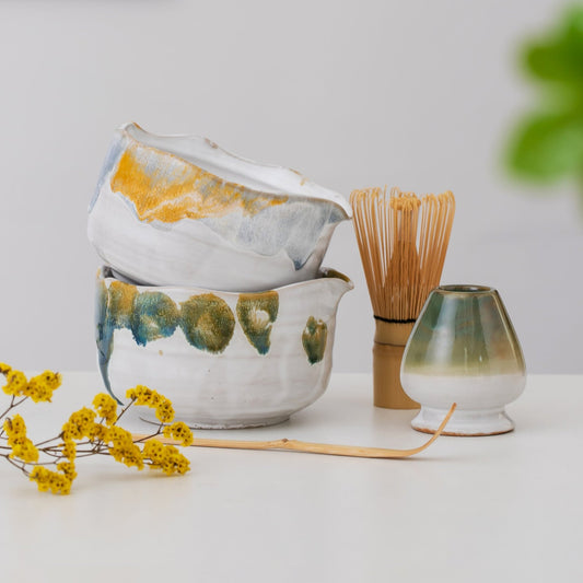 Handmade Natural Landscape Matcha Tea Set, Matcha Bowl with Spout, Ceramic Matcha Bowl Set of 4