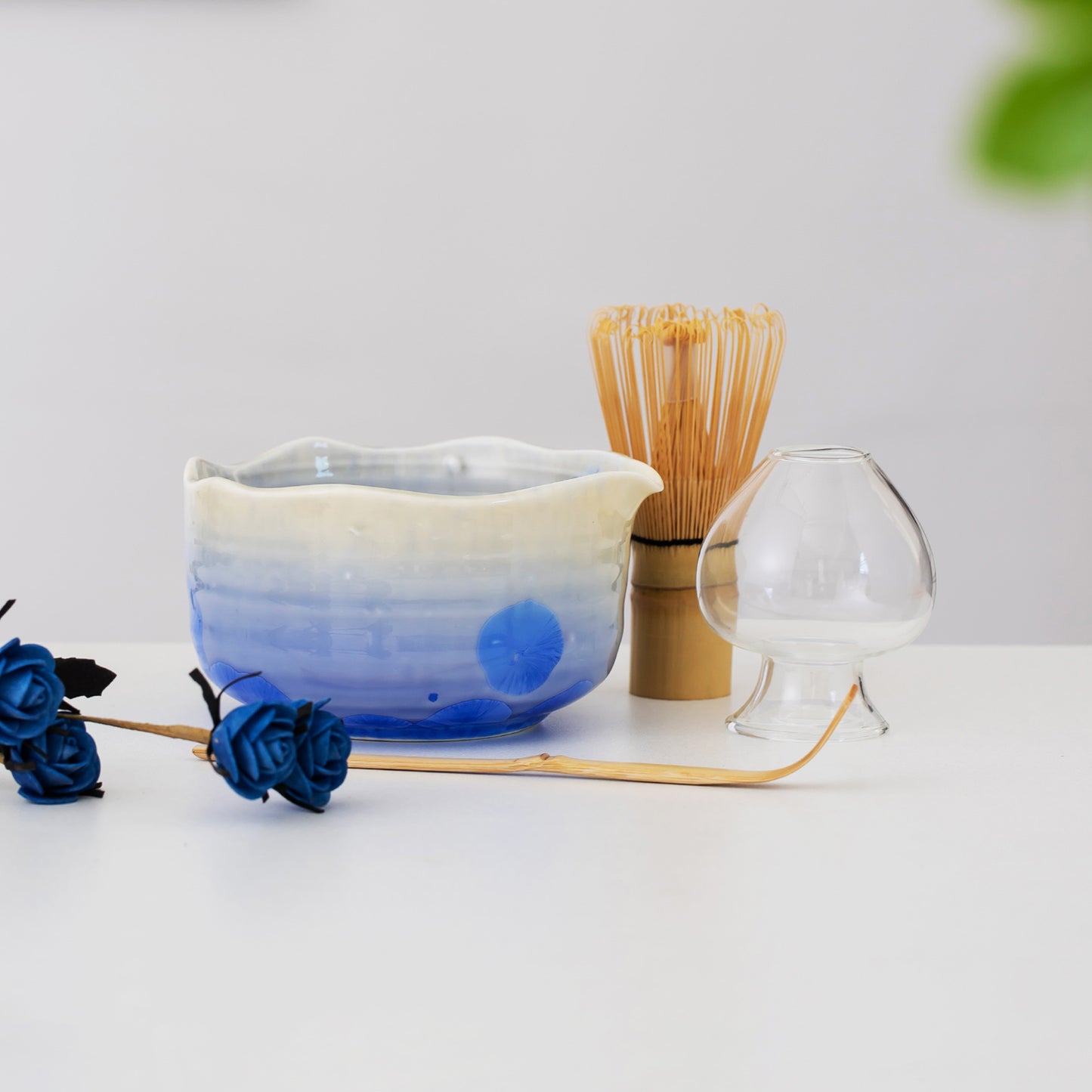 Handmade Natural Flower Glazing Gradient Blue Matcha Bowl Set, Matcha Gift Set, Matcha Tea Ceremony Set