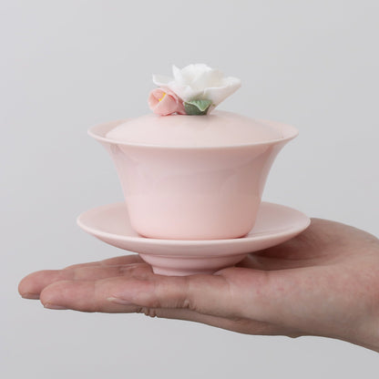 Handmade Flower Pink Gaiwan Porcelain Flower Tea Ware 120ml